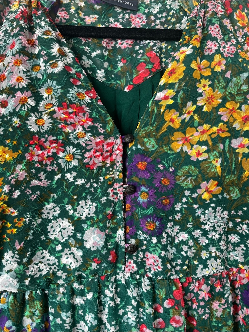 Anthropologie Green Floral V-Neck Tiered Mini Dress - Picture 5 of 8